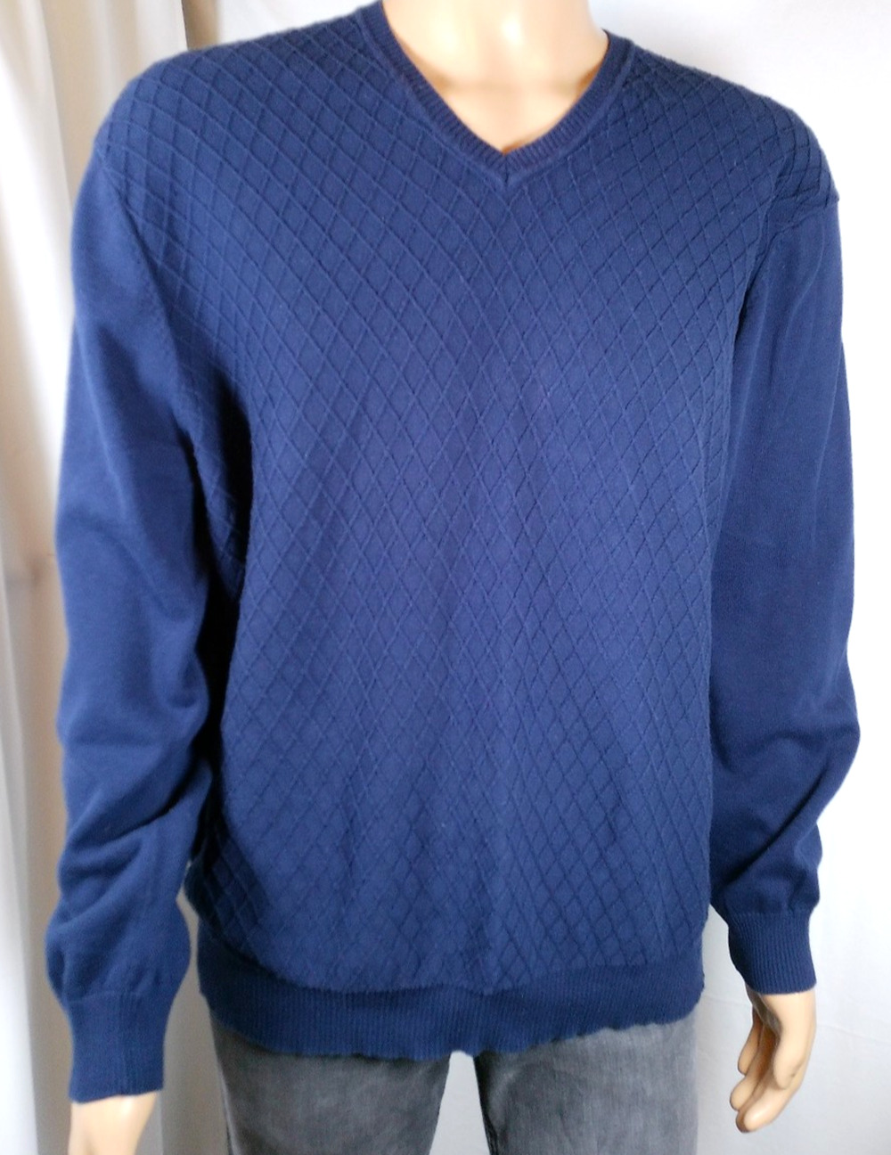 Mens Club Room XXL Navy Blue Cotton V Neck Diamond Knit Sweater Preppy
